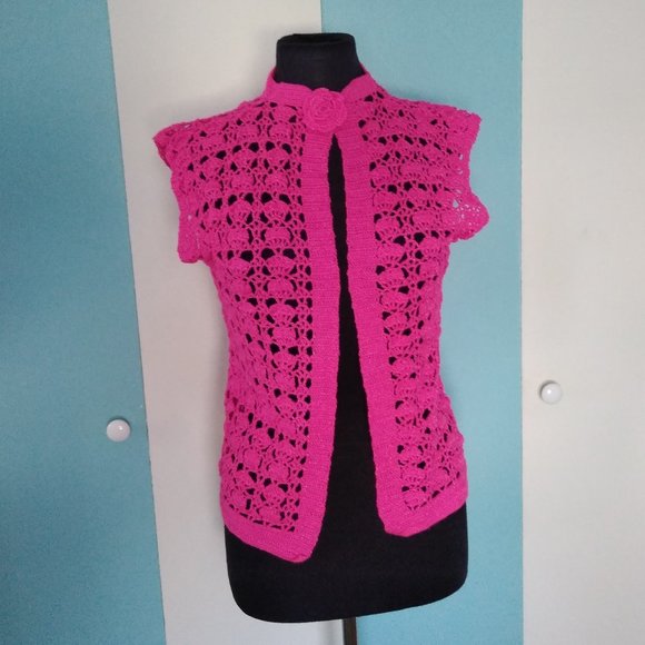 Handmade Crochet Hot Pink Vest w/ Crochet Flower - Picture 1 of 9